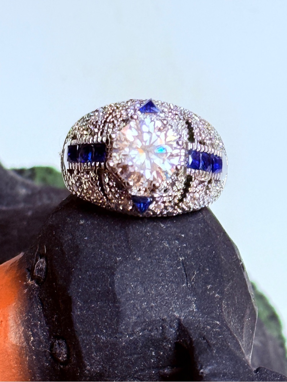 Vintage GRA CERTIFIED MOISSANITE DIAMOND 2CT & Sapphire Ring in baked silver - Picture 10 of 12